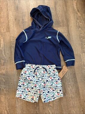 Navy Hooded Rash Guard with Shark Print Swim Set- Kids 18 month